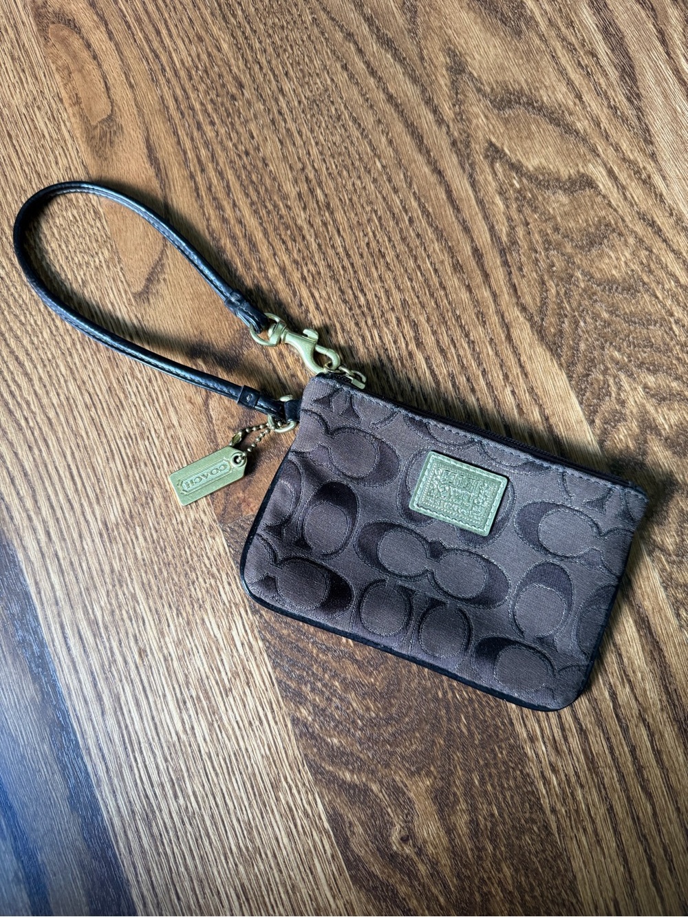 Coach Dark Brown Signature Wristlet with Gold Hardware